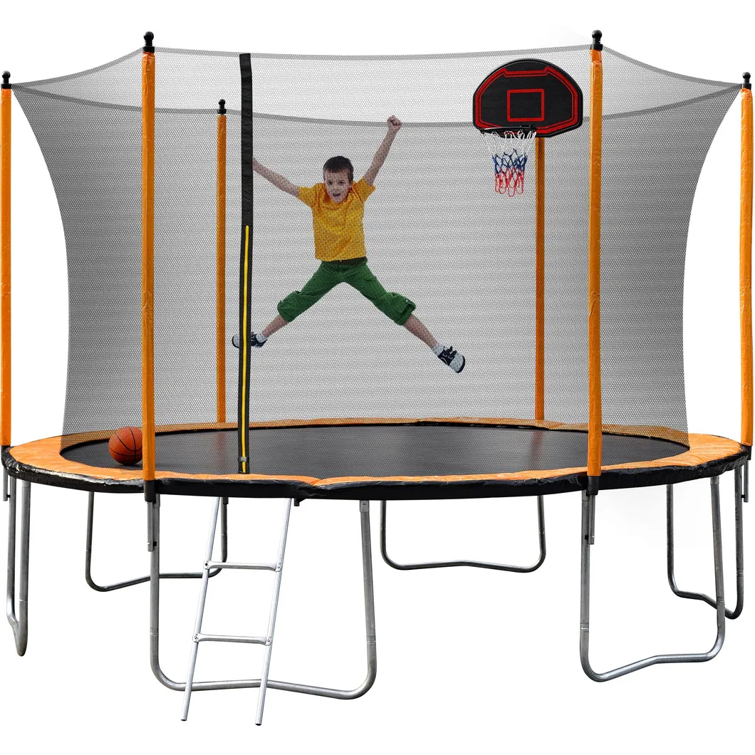 12FT Orange Trampoline with Basketball Hoop Inflator and Ladder Inner Safety Enclosure