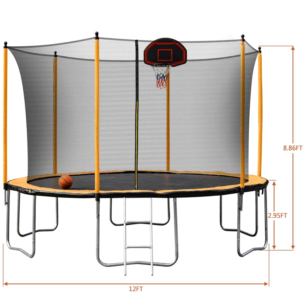 12FT Orange Trampoline with Basketball Hoop Inflator and Ladder Inner Safety Enclosure
