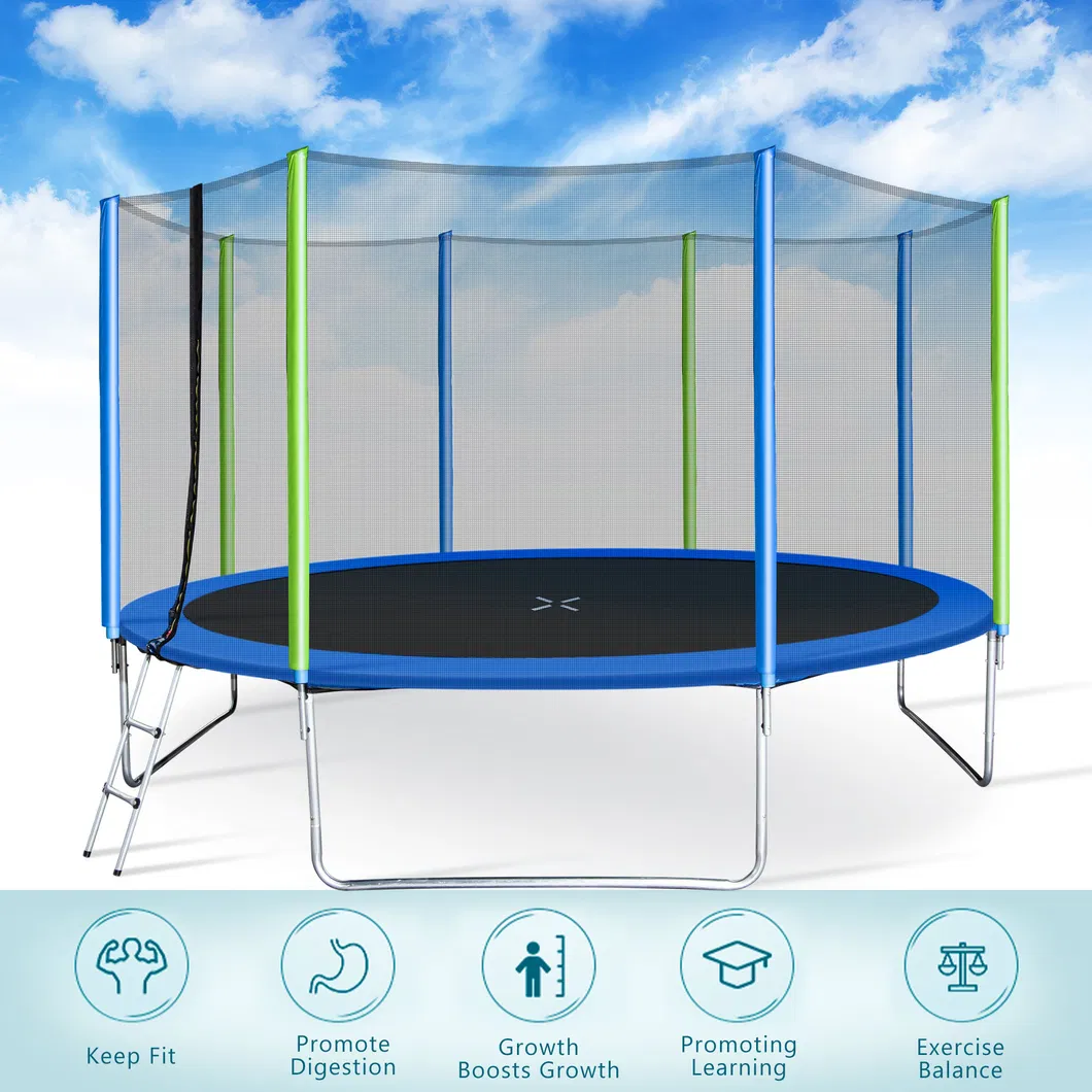 12FT Trampoline with Safety Enclosure Net Ladder and 8 Wind Stakes Round Indoor Recreational Trampoline