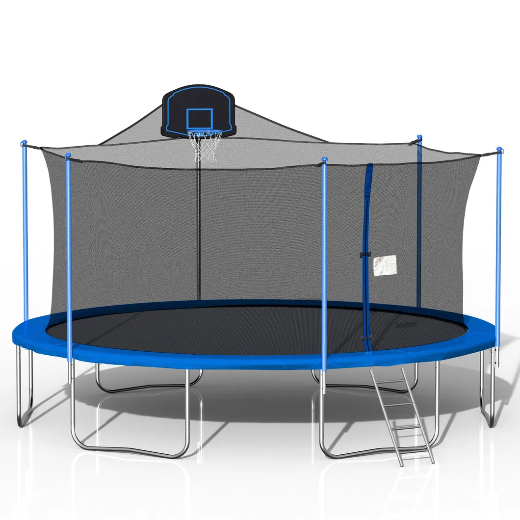 16FT Round Outdoor Trampoline with Safety Enclosure Net and Basketball Hoop Easy Assembly Leisure Trampoline
