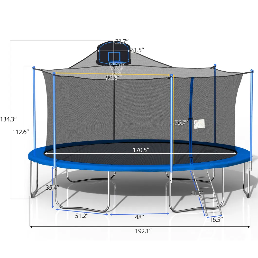 16FT Round Outdoor Trampoline with Safety Enclosure Net and Basketball Hoop Easy Assembly Leisure Trampoline